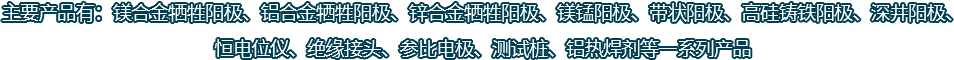 主要產(chǎn)品有：鎂合金犧牲陽(yáng)極、鋁合金犧牲陽(yáng)極、鋅合金犧牲陽(yáng)極、鎂錳陽(yáng)極、帶狀陽(yáng)極、高硅鑄鐵陽(yáng)極、深井陽(yáng)極、恒電位儀、絕緣接頭、參比電極、測(cè)試樁、鋁熱焊劑等一系列產(chǎn)品